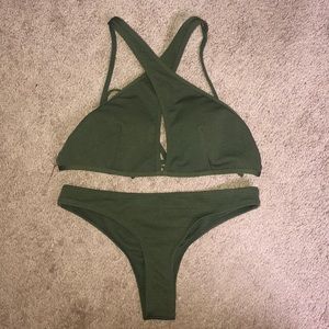 Zaful Olive Green Cross-Back Ribbed Bikini Set